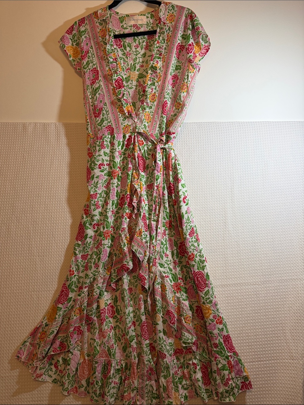 Boho Floral Tie-Waist Maxi Dress in Pink, Green & Cream